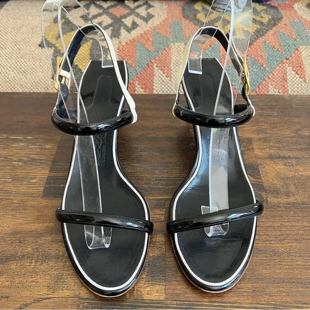 Salvatore Ferragamo Black Leather White Trim Strappy Slingback Sandals 9.5B